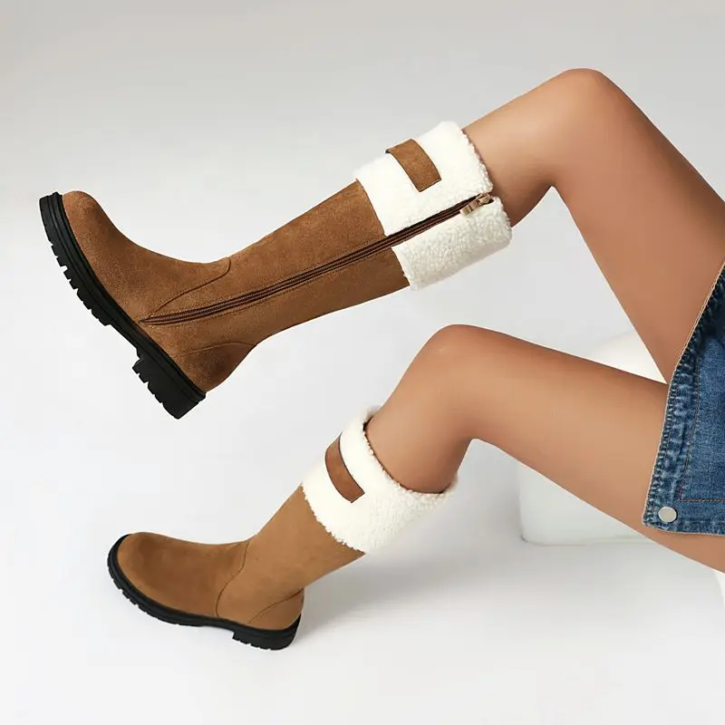 

Girseaby Брендовые женские зимние ботинки с круглым носком на плоской подошве из флока, замша на молнии, смешанные цвета, большой размер 46 47 48, теплые сапоги до колена для отдыха