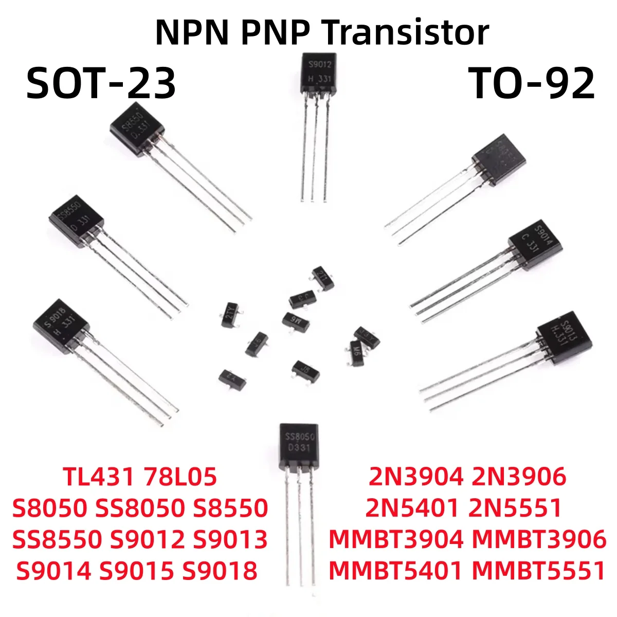 SS8050/8550 S8050/8550/9012/9013/9014/9015/9018 2N3904/3906/5401/5551 TL431 78L05 TO-92 NPN PNP Signal Amplification Transistor