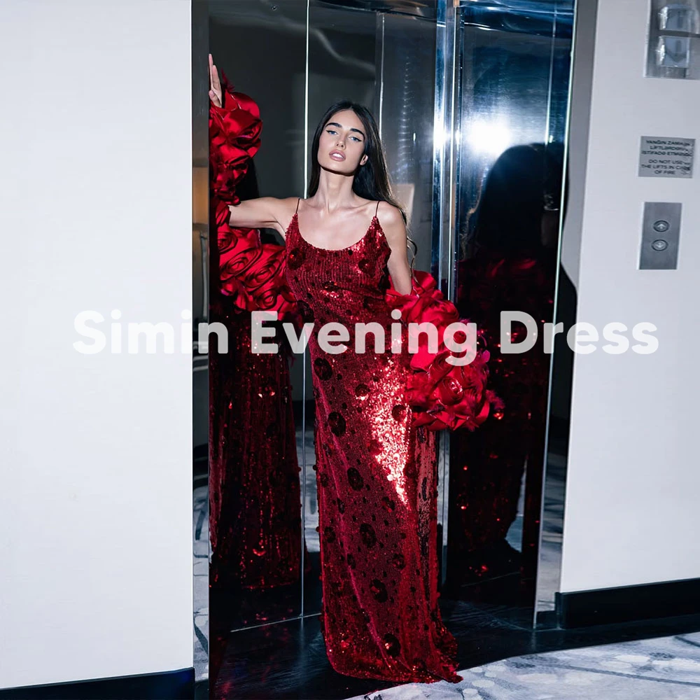 فساتين سهرة نسائية من Simin بحزام سباغيتي مستقيم ترتر مع أكمام بطول الأرض فساتين حفلات أنيقة 2026