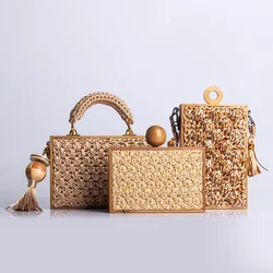 2024 Spring Summer Vertical Beach Woven Bag Bamboo Straw Vacation Diagonal One-shoulder Rattan Handbag Square Box