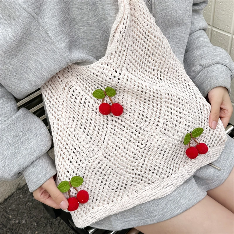 

Cherry Pendant Knitted Hollow Underarm Shoulder Bag Large Capacity Handbag,Summer Solid Color Women's Tote Bag