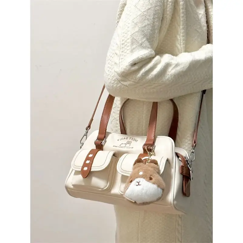 JIAERDI Vintage Casual Handbag Women Harajuku Aesthetic Contrast PU Leather Crossbody Bags Ladies Retro Cute Bowling Bag Y2k