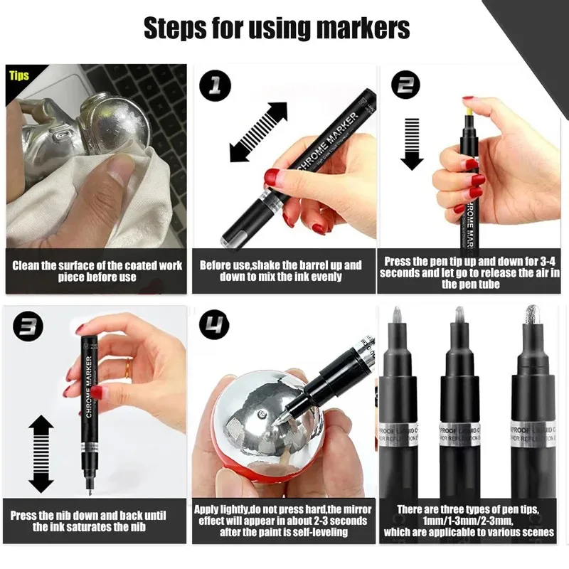 1 szt. Chromowane lusterko Marker 2mm DIY odblaskowe Marker z farbą trwałe złoto srebrne Marker Touch Up, Model malowanie, znakowanie