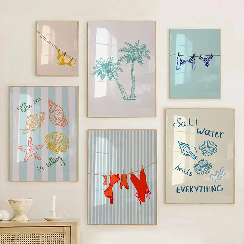 1pc frameless Summer Bikini Poster Fashion Bikini Shell Conch Palm Tree Wall Art Beach Print Ocean Home Living Room Bedroom Dorm