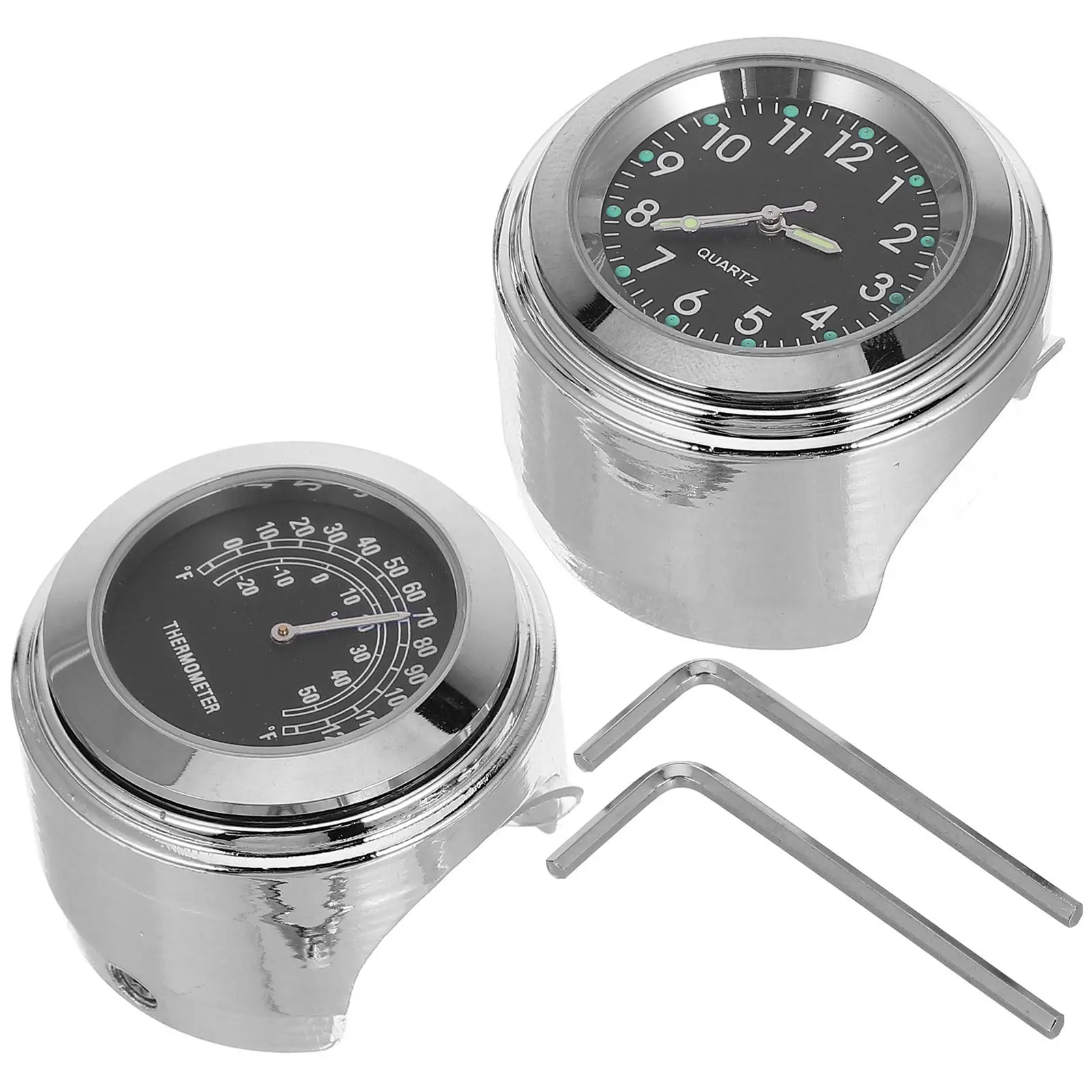2Pcs Motorcycle Clock and Thermometer Aluminum Alloy 22-25Mm Handlebar Waterproof Night Visible Anti-Rust for