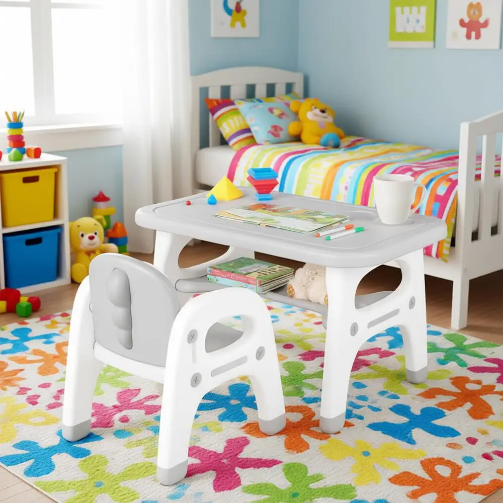 

Dinosaur-Themed Toddler Table and Chair Set, Activity Art Table with Chair, Building Blocks, 2-Piece Playroom Furniture for Boys