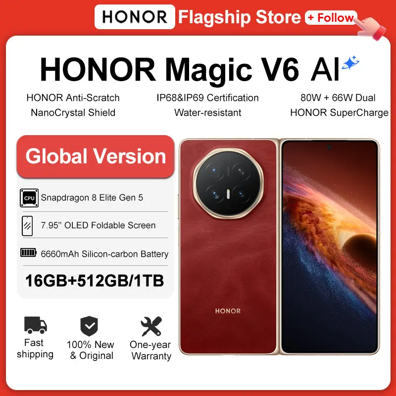 هاتف هونر ماجيك V6 الجديد 2026، إصدار عالمي، يدعم 5G، معالج سنابدراجون 8 إيليت، شاشة OLED قابلة للطي بمعدل تحديث 120 هرتز، بطارية 6660 مللي أمبير، شحن فائق السرعة 80 واط