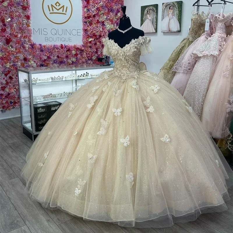 فساتين Quinceanera المتألقة مع دانتيل فراشة ، مشد مكشوف الكتف ، حفلة عيد ميلاد ، 15 عامًا ، ساخن