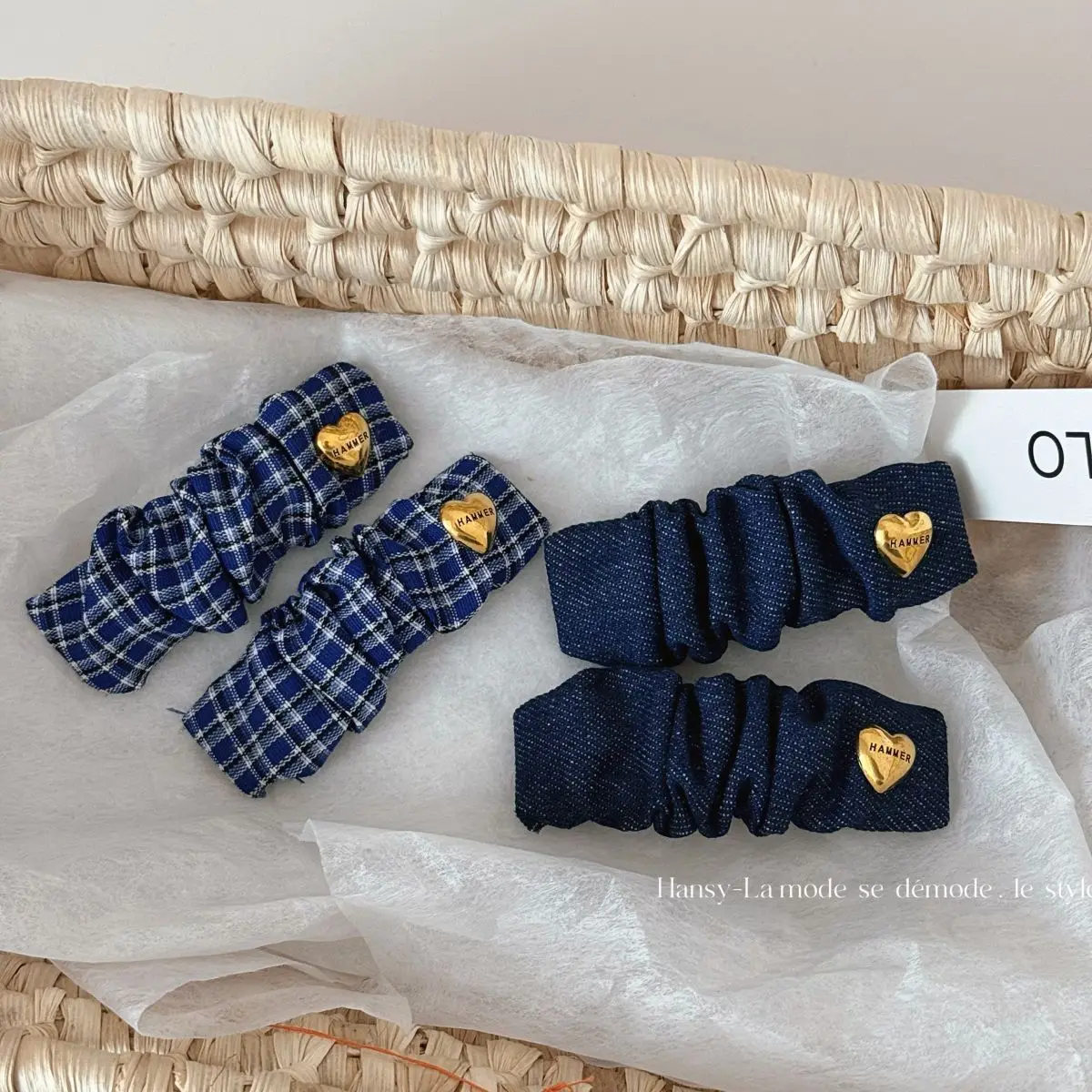 Hair Clip Blue Rectangular Pleated Fabric Heart Gold Buckle Gentle No Pull Lightweight Side Bangs Holder for Home Travel