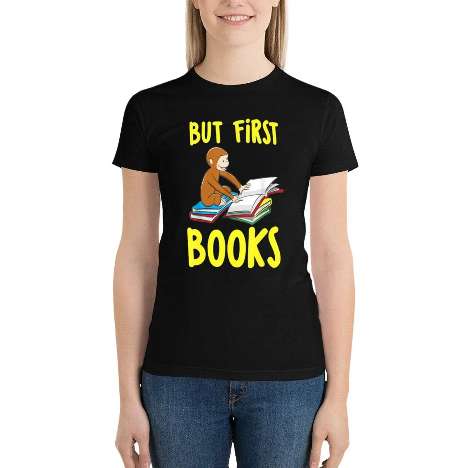 Curious George Reading But First Books T-Shirt plus size tops vintage clothes t-shirts for Women cotton