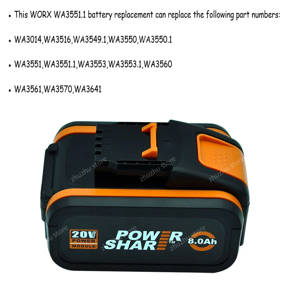 Batteria ricaricabile sostitutiva agli ioni di litio 20V 8.0ah/6000mAh per Worx WA3551 WA3553 WX176 WX550 WX386 WX373 WX290 WX800 WU268