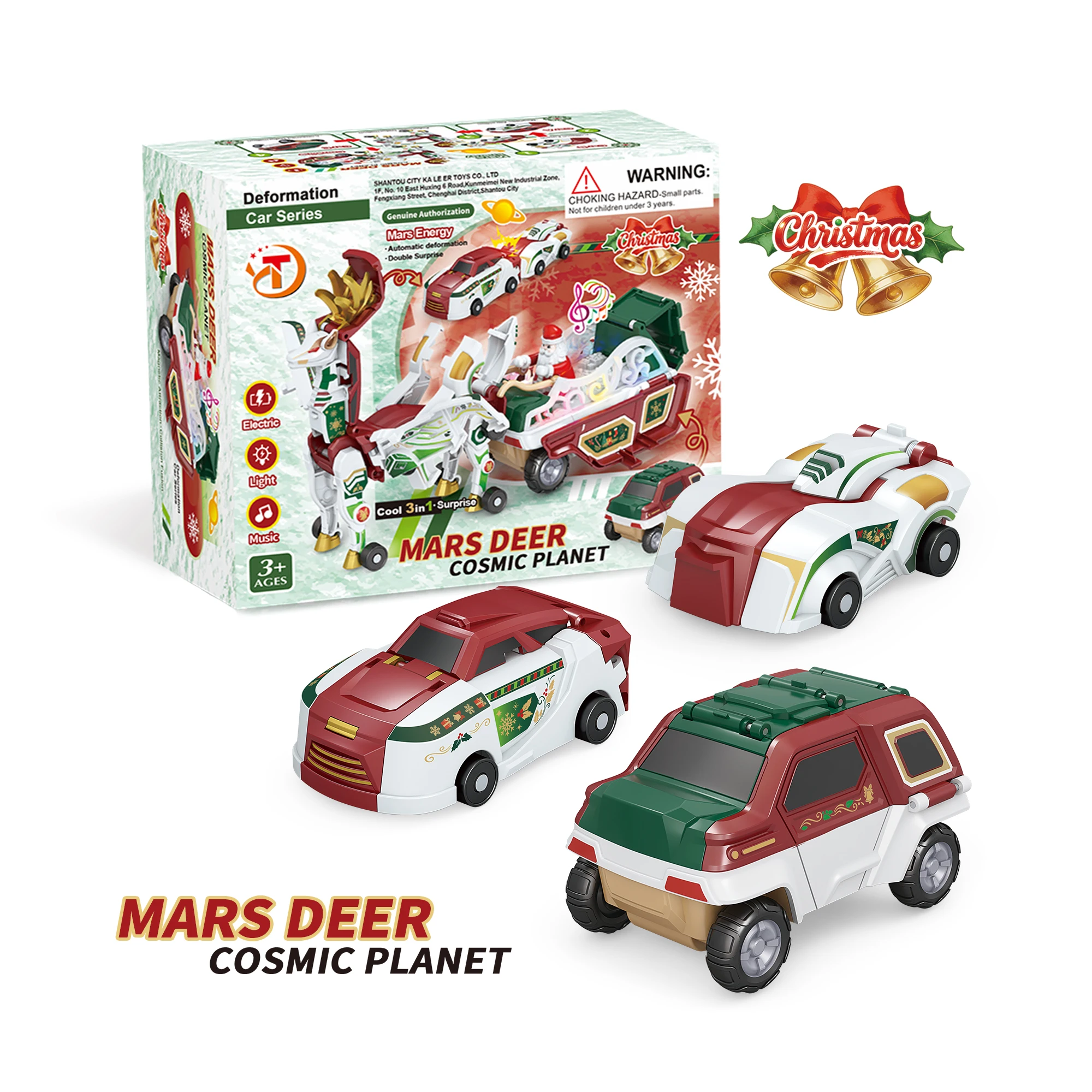Christmas Gift for Kids 3+ Electric Transforming Toy Cars 3 in 1 Santa Claus Sleigh and Reindeer Set with Lights and Music