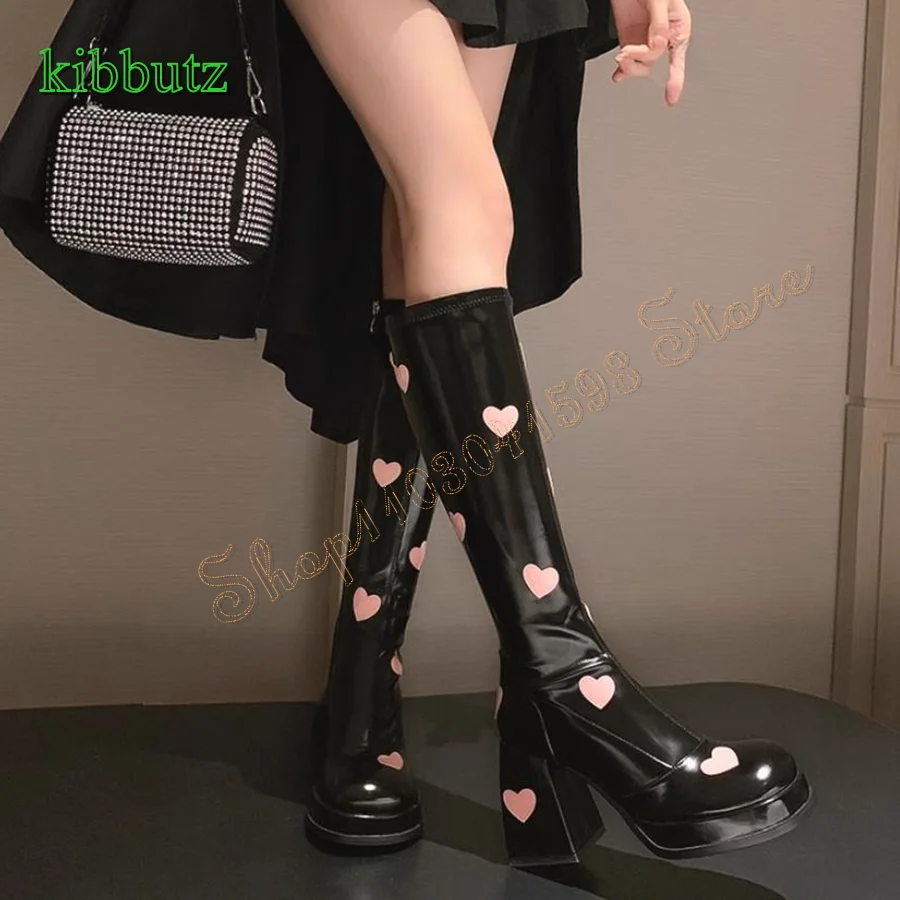 

Heart Shaped Leather Knee High Boots,Round Toe Platform High Heel Boots Thick Heel Zipper Boots 2024 New Zapatos Para Mujere