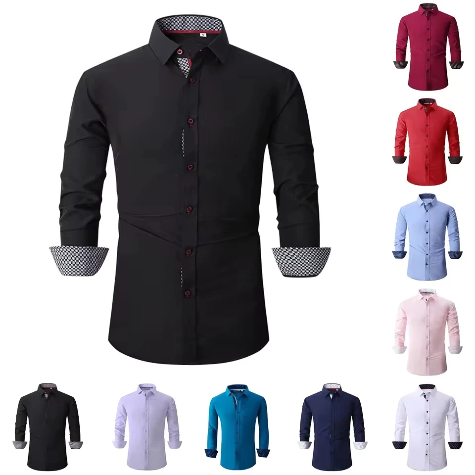 Mens Business Dress Shirt Casual Button Down Long Sleeve Shirts Regular Fit Solid Fashion Regular Cuff Men'S Plaid Shirt