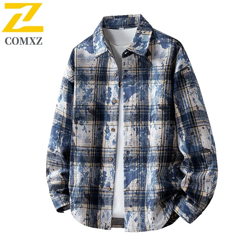 

COMXZ 2025 Мужская куртка, повседневная американская камуфляжная клетчатая рубашка с длинными рукавами, свободная посадка, легкое дорожное пальто, брендовая роскошная верхняя одежда