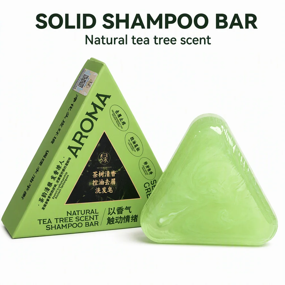 Triangular Tea Tree Solid Shampoo Bar Gentle Scalp Cleansing Oil Control Volumizing Hair Soap with Bonus Foaming for Oily Hair