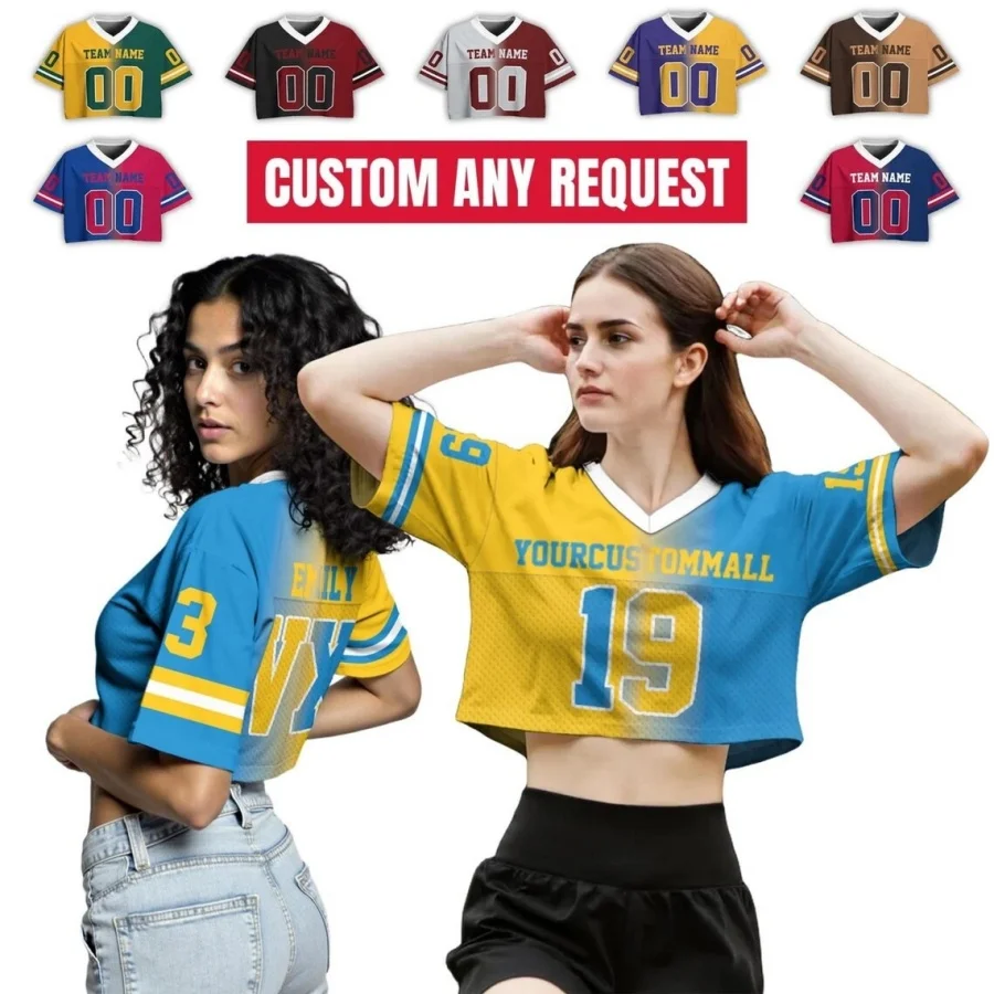 Custom Football Crop Top Jersey – Personalized Team Name & Number Mesh Shirt Women's Sports T-Shirts