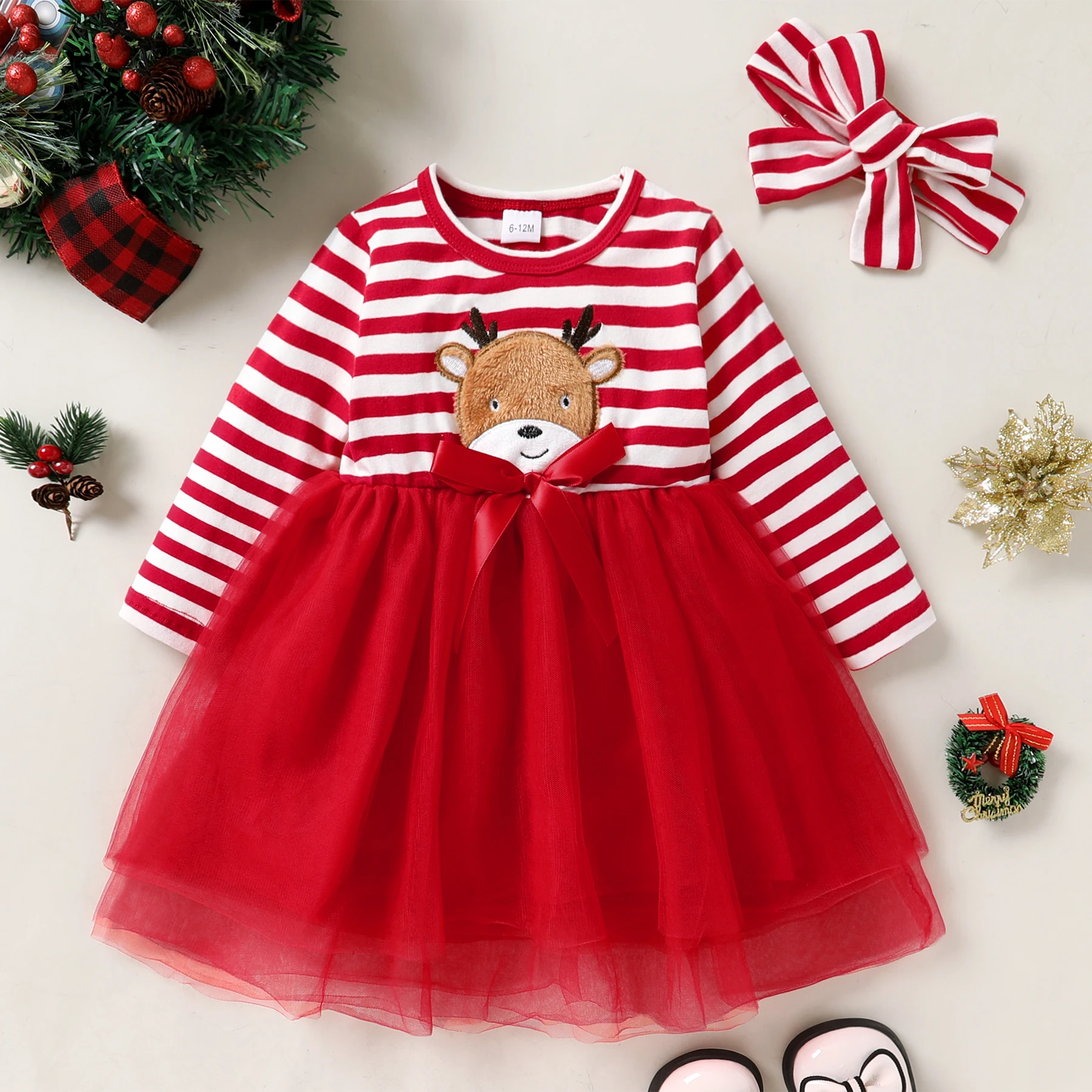 Baby Girl Clothes 6M-5T Fall/Winter Christmas Dress Striped Long Sleeve Santa Printed Tulle Dress 2PC Girl Christmas Outfit