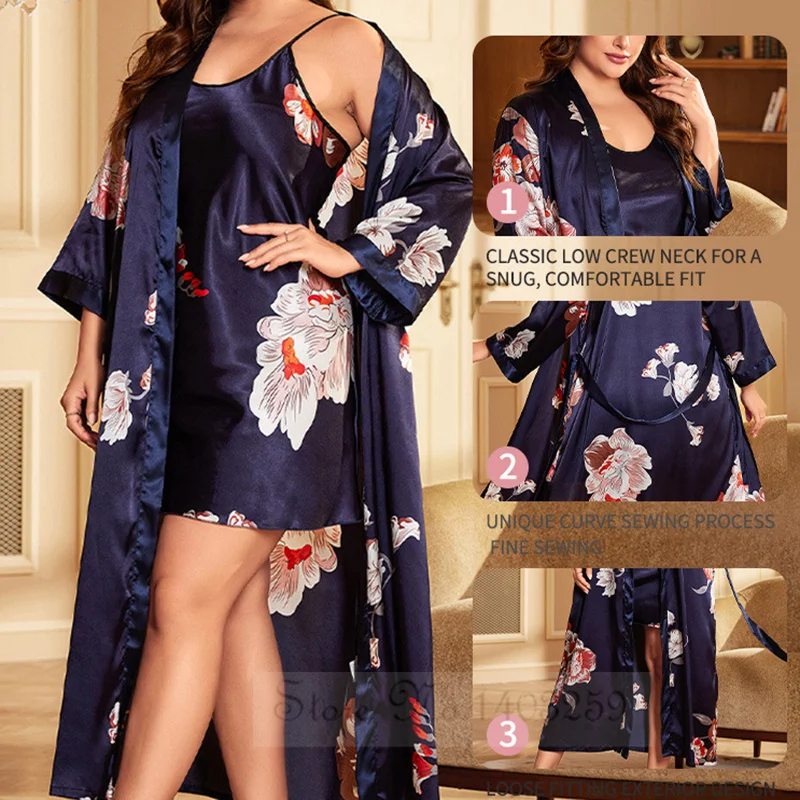 Sexy Print Flower Nighty&Robe Set Nightgown Plus Size Long Kimono Bathrobe Spring Summer Satin Home Clothes Loose Loungewear