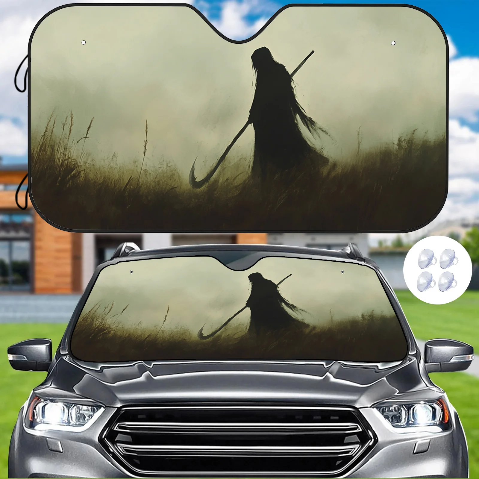

Misty Reaper With Scythe Design Car Windshield Sunshade - Heat Insulation & Scratch-Resistant Fit For All Vehicles, Includes Ins
