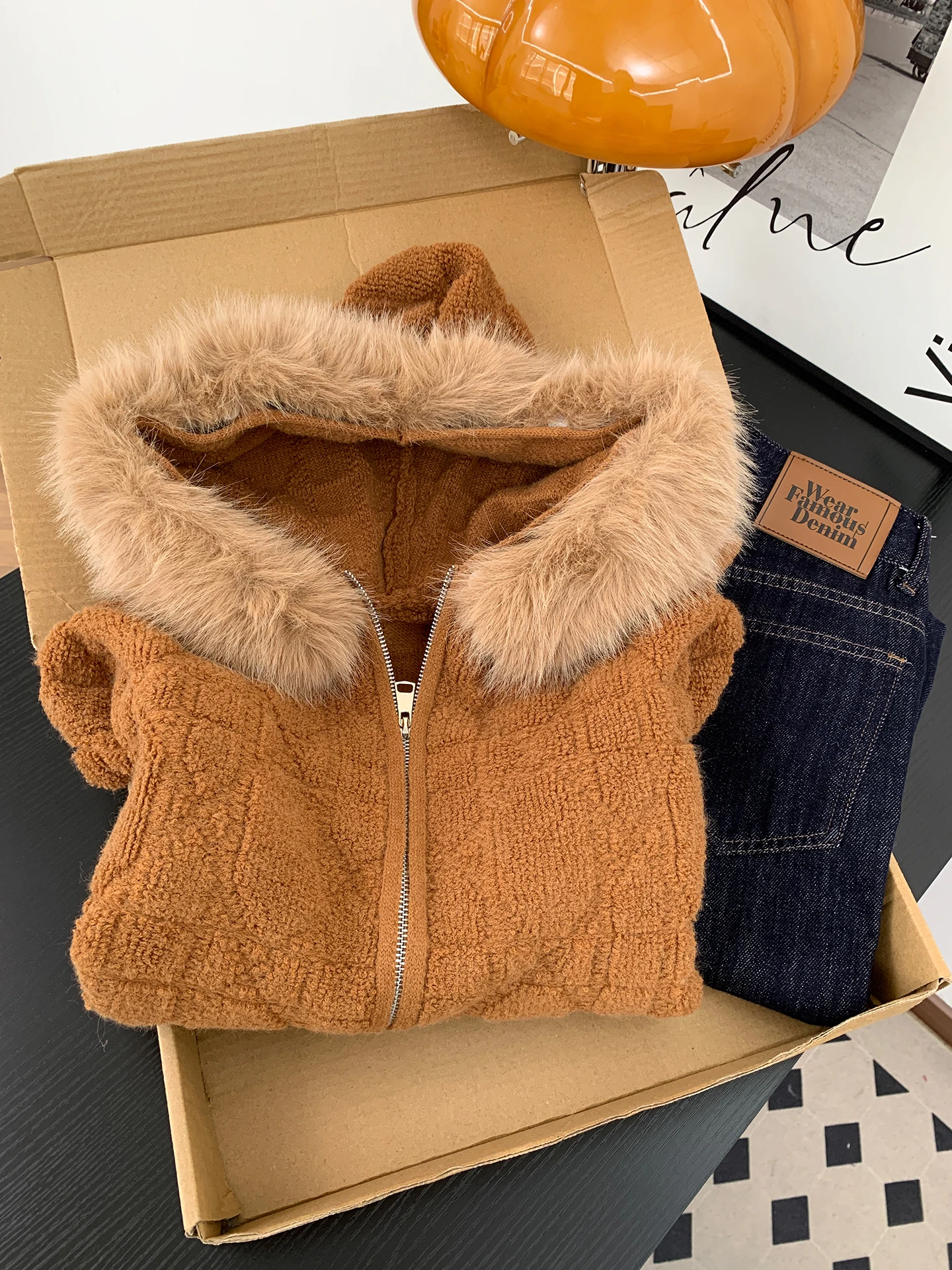 

Soft Cozy Knitted Hat Jacket Women's Winter Outerwear Large Fur Collar Lazy Style Casual High Waist Loose Fit Long Sleeve Zipper