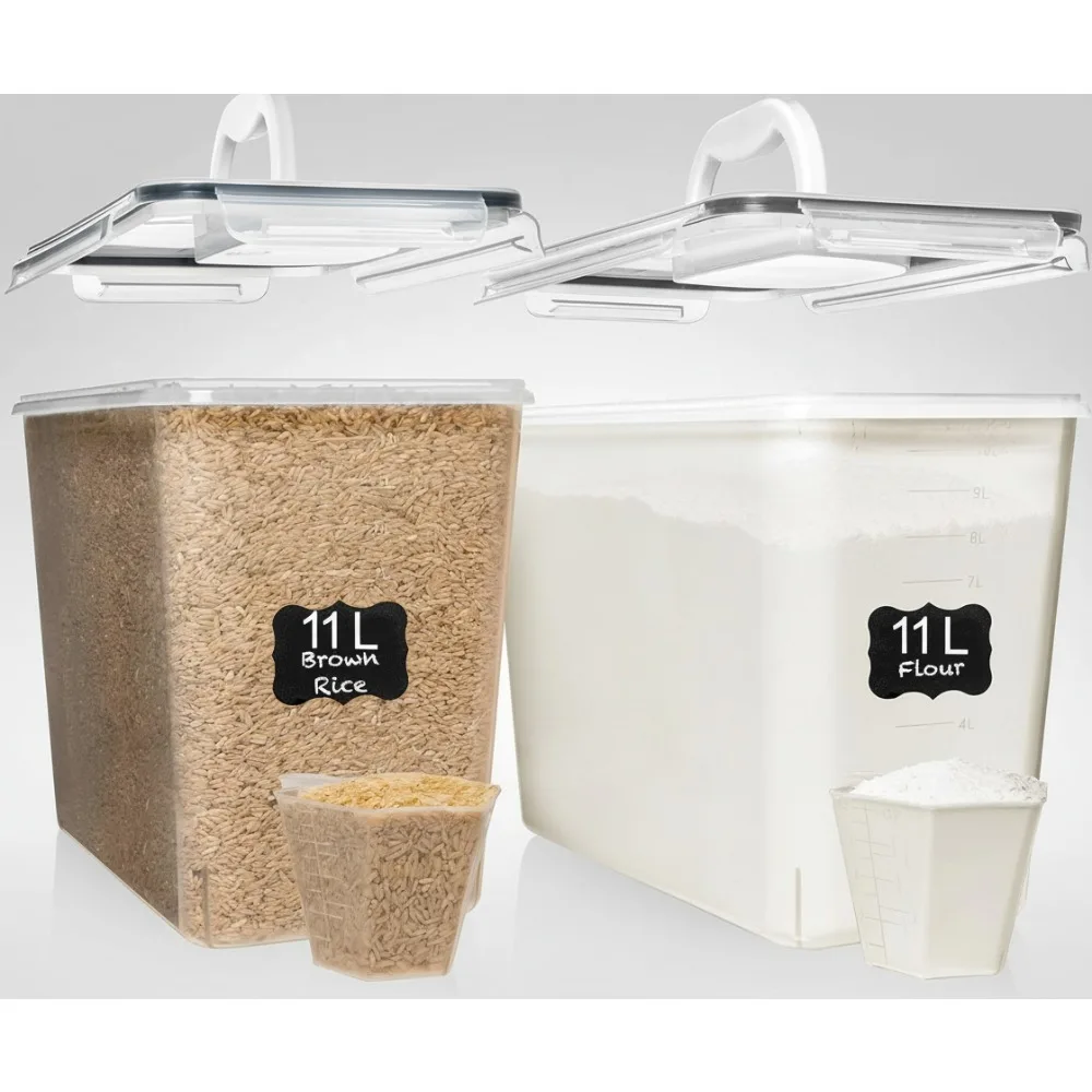 

2 упаковки герметичных контейнеров для хранения продуктов питания на 11 л с ручками — большие органайзеры для кладовой без BPA для муки, риса, хлопьев