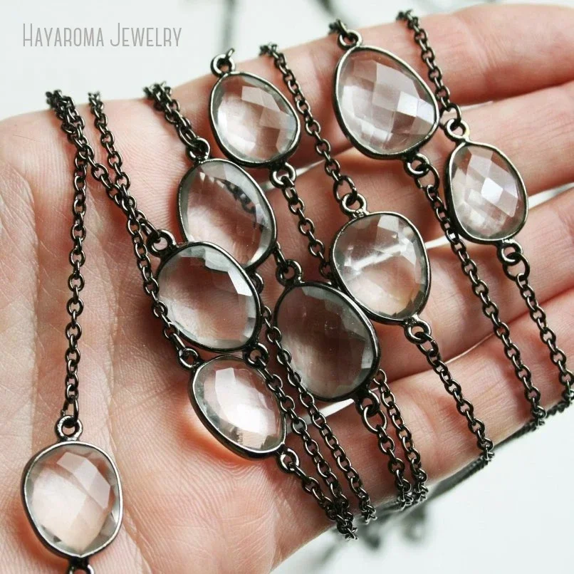 10Pcs Clear Quartz Gunmetal Stainless Steel Chain Choker Necklace Minimal Crystal Layer Gemstone Witch Boho Goth Arcane Jewelry