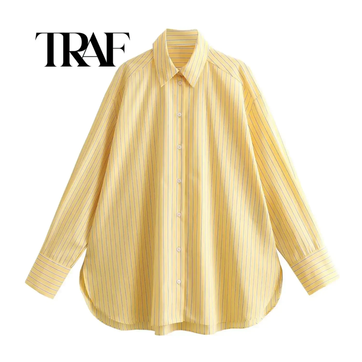 TRAF 2024 Spring New Product Women\'s Casual Loose Lapel Long sleeved Yellow Striped Poplin Single breasted Shirt