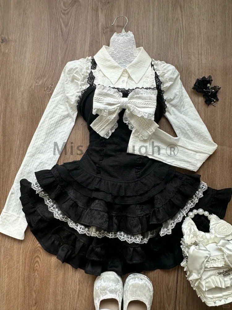 Y2k Aesthetic Lolita Style 3 Piece Set Women Kawaii White Shirt Bow Lace Vest Ruffle Mini Skirts Japan Fashion Gothic Skirt Suit