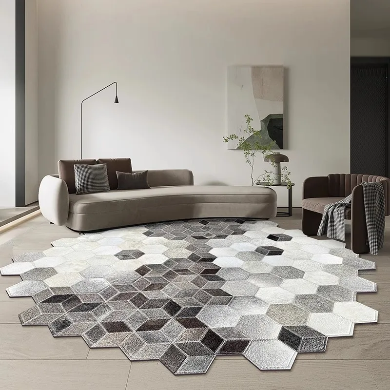Creative Irregular Round Carpet Grey Real Cow Hide Home Decor Rug for Bedroom Simple Modern Living Room Carpets Study Cloakroom