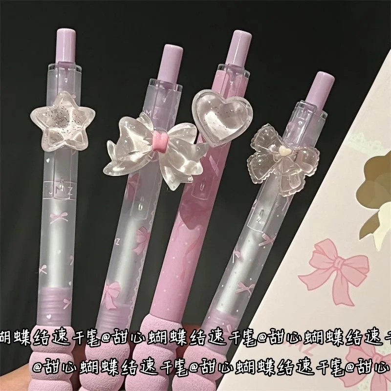 4pcs Sweet Pink Heart Retractable Gel Pen Ins Aesthetic Cute Girly Quick Dry Smooth Writing Student Practice Stationery