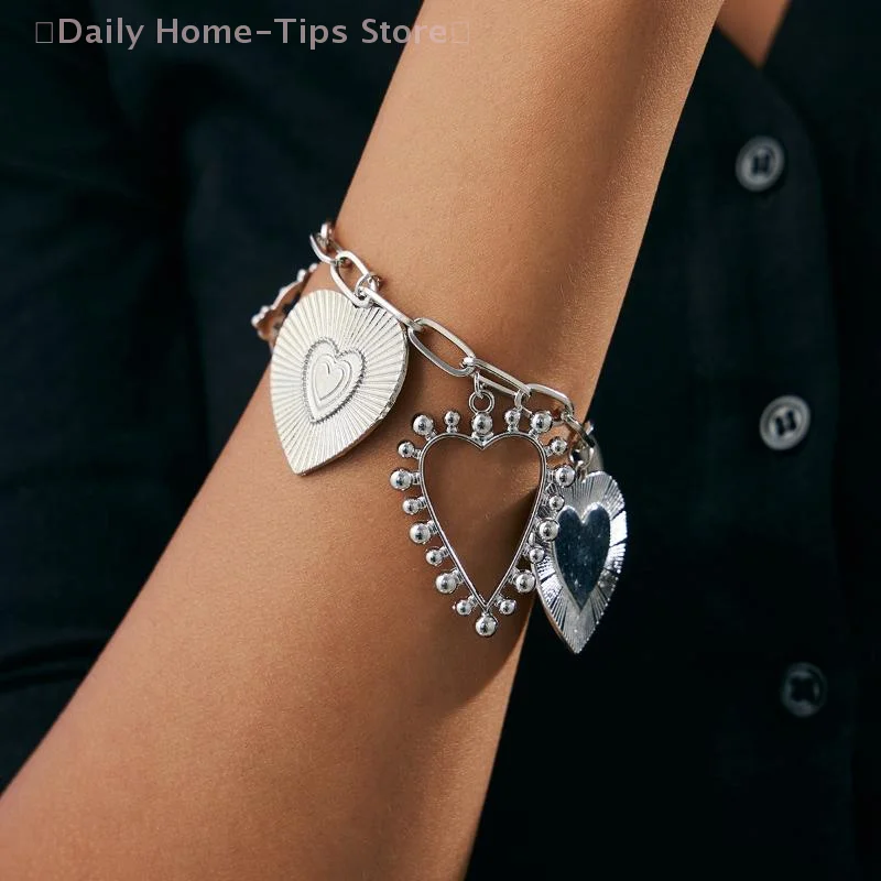 الكلاسيكية كبيرة القلب قلادة سوار للنساء خمر الجوف خارج هندسية سحر سلسلة سوار العصرية مجوهرات هدية #5