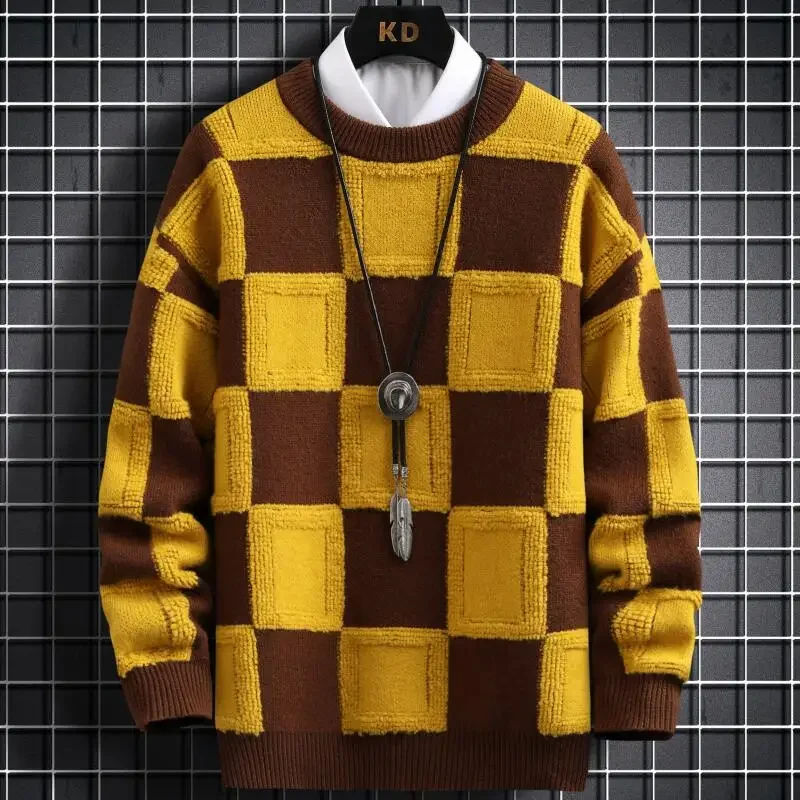 

New Fall Winter Korean Style Mens Pullovers Sweaters High Quality Thick Warm Cashmere Sweater Men Luxury Plaid 2024 C40