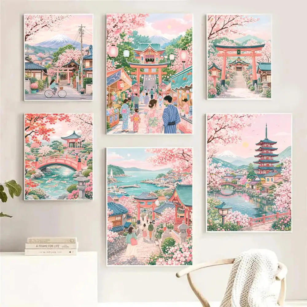 

Pink Japan Anime Kyoto Sakura Scenery Painting Calligraphy Room Home Bedroom Interior Wall Decoration Canvas Poster Art Mural