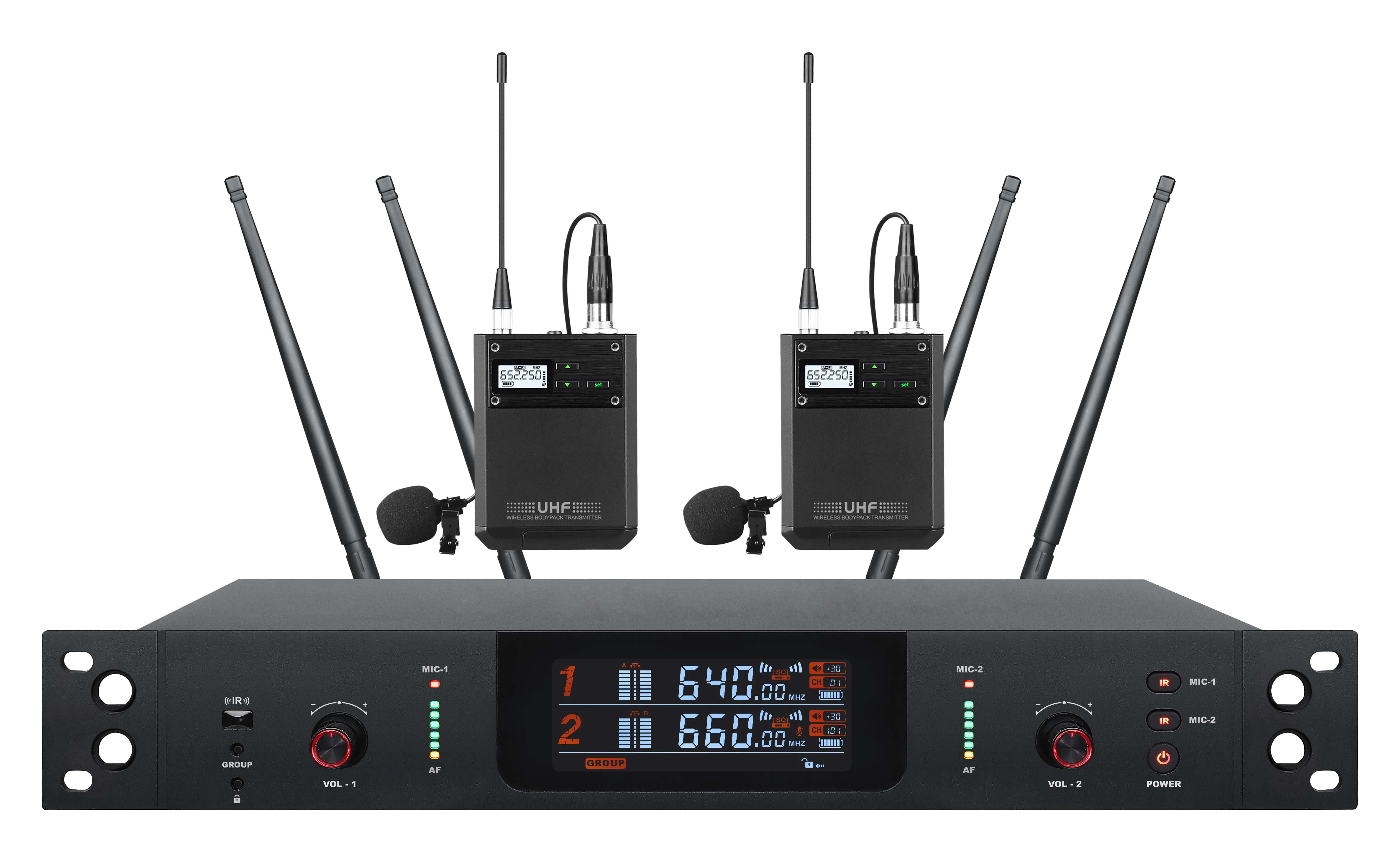 Micrófono inalámbrico certificado UHF de 2 canales True Diversity XLR auriculares de mano Clip Lavalier Dy namic Material metálico para