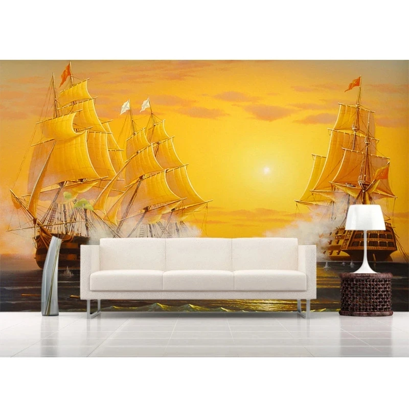 Custom 3d Golden Oil Painting Sailing Boat Photo Wallpaper Mural Living room TV background bedroom restaurant Sun Twilight sea