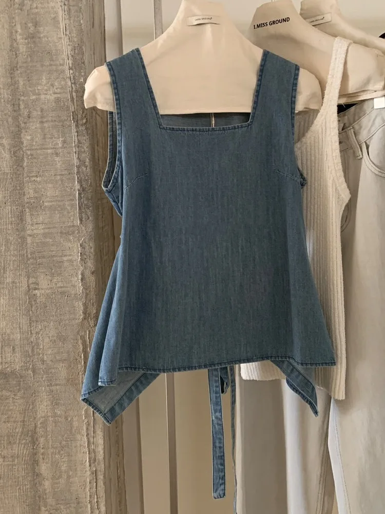 

Retro High Waist Denim Vest Women's Summer New Design Ba Hollow out Belted Wide Leg Pants Casual Comfortable Cotton Blend