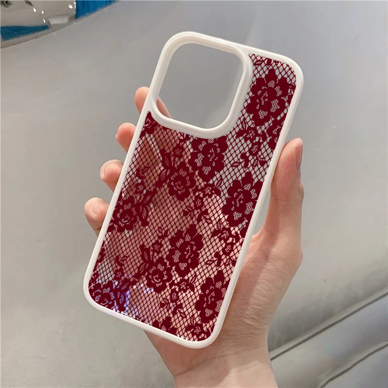 Burgunderrote Blumen-Spitzen-Handyhülle für iPhone 11 12 13 14 15 Pro 16 17 Pro Max 17 Air 16E X XR XS 7 8 Plus SE 2022 Stoßfeste Schutzhülle – Detail 4