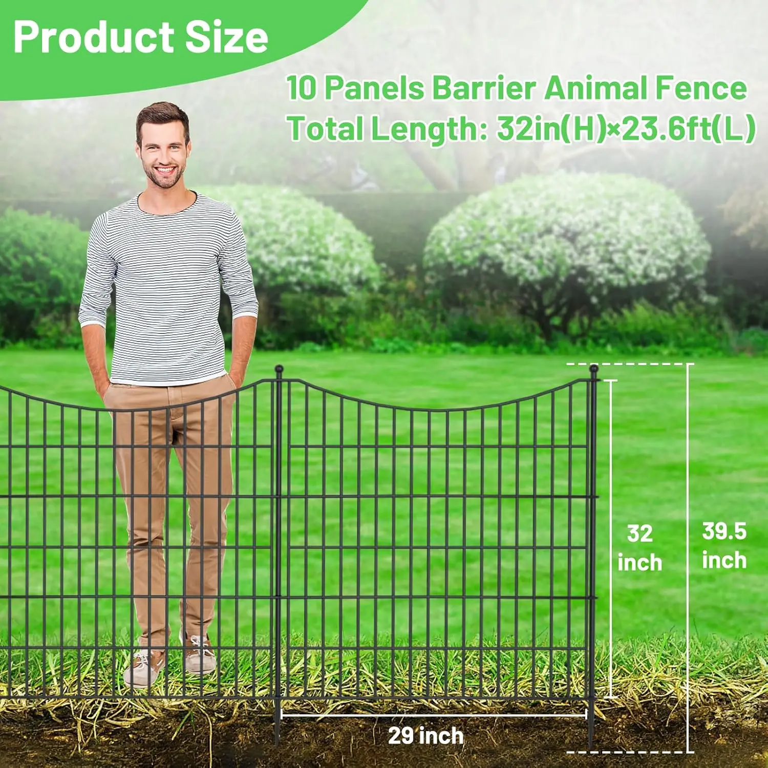 Outdoor Garden Fence for Yard, 32 in(H) X 23.6 ft(L) Animal Barrier Fencing Rustproof Metal Wire Panel Border for Dog