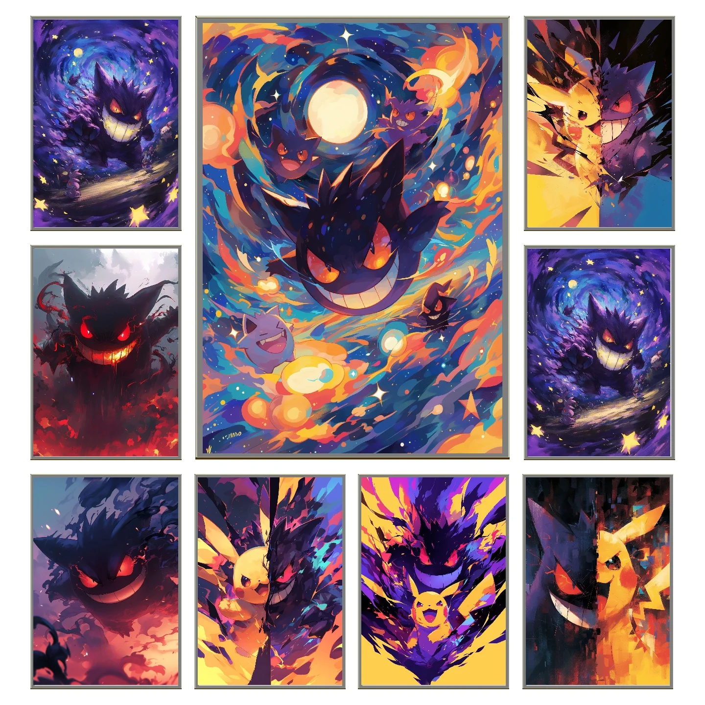 Anime Pokemon Canvas Painting Gengar Pikachu Poster and Print Watercolor Wall Art Picture Home Decor Kids Gifts