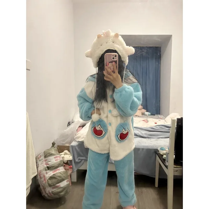 

New Hot Cutie Hatsune Miku Women Pajamas 2pcs Set New Thickened Coral Fleece Clothes Pants Cute Sleepwear Warm Warm Loungewear