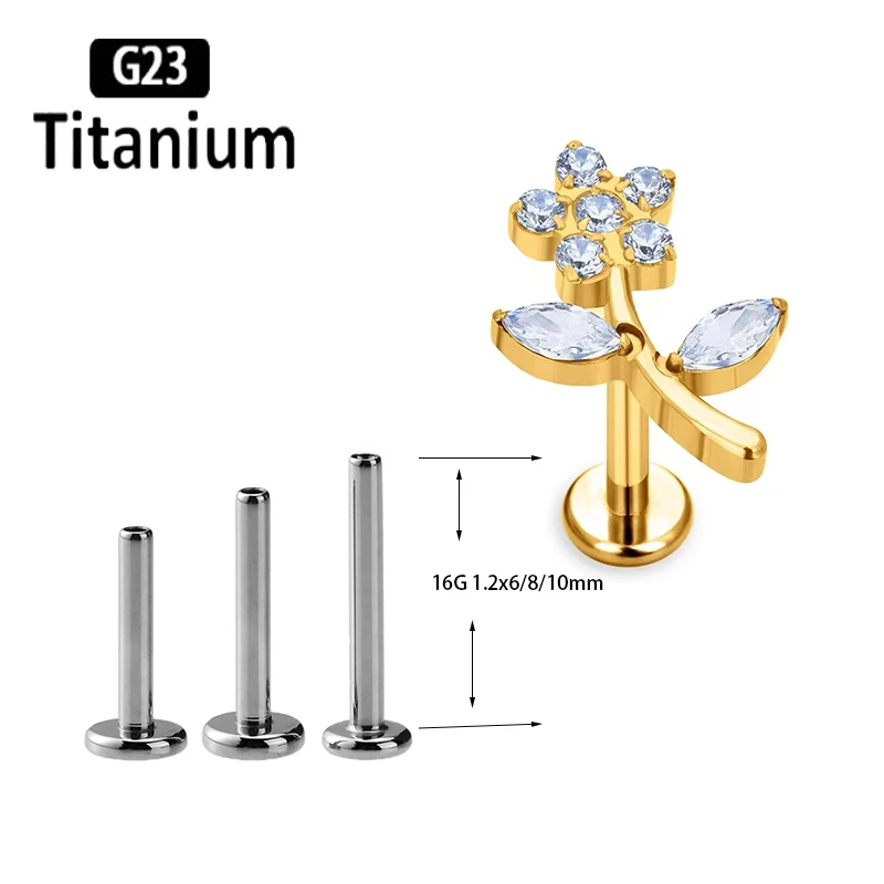 ASTM F136 Titanium 16G High Quality flower CZ Labret Earring Tragus Cartilage Conch Forward Helix Stud Ear Piercing Body Jewelry