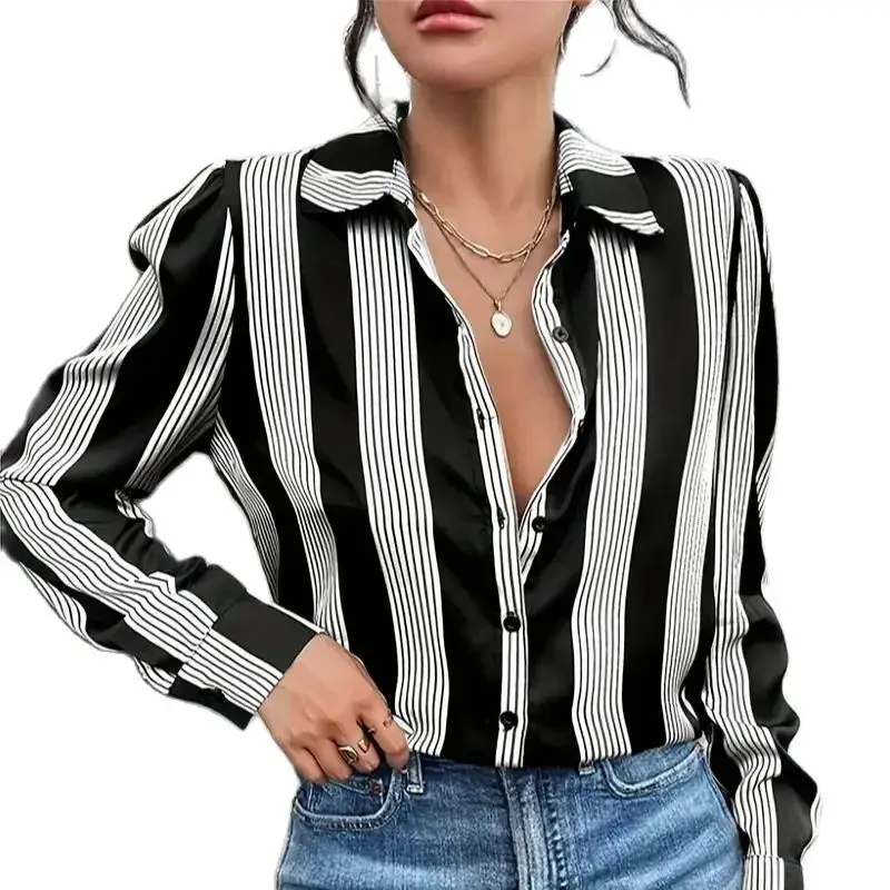 Elegant Women\'s Shirts & Blouses,Black Striped Print Simple Shirt,2024 Spring & Summer Plus Size Female Clothing Blouse Tops