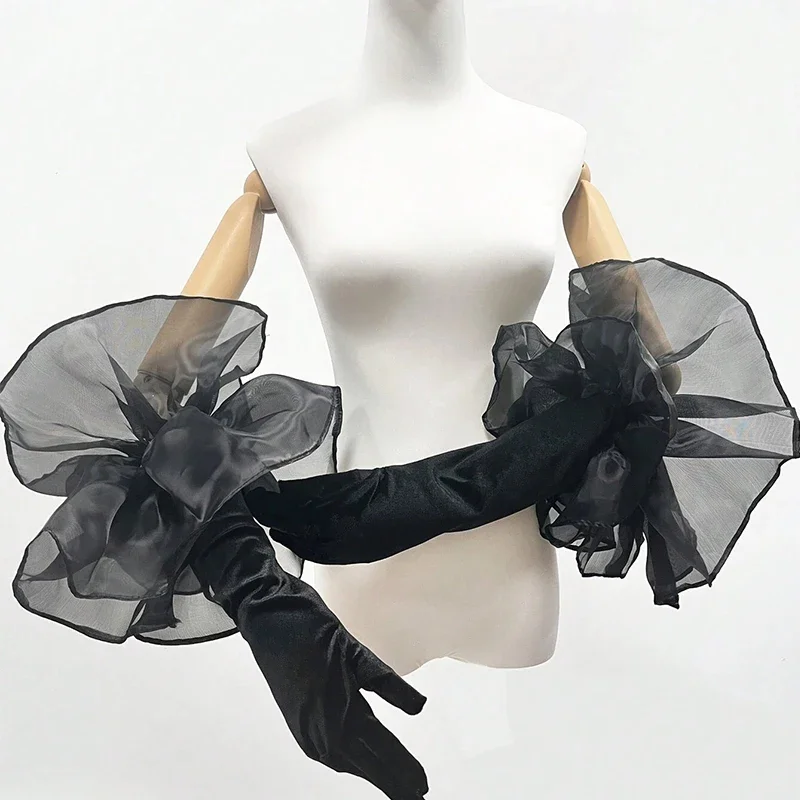 55cm Velvet Long Gloves Oversize Organza Ruffles Bridal Wedding Party Dress Etiquette Gloves Wedding Puff Arm Sleeves