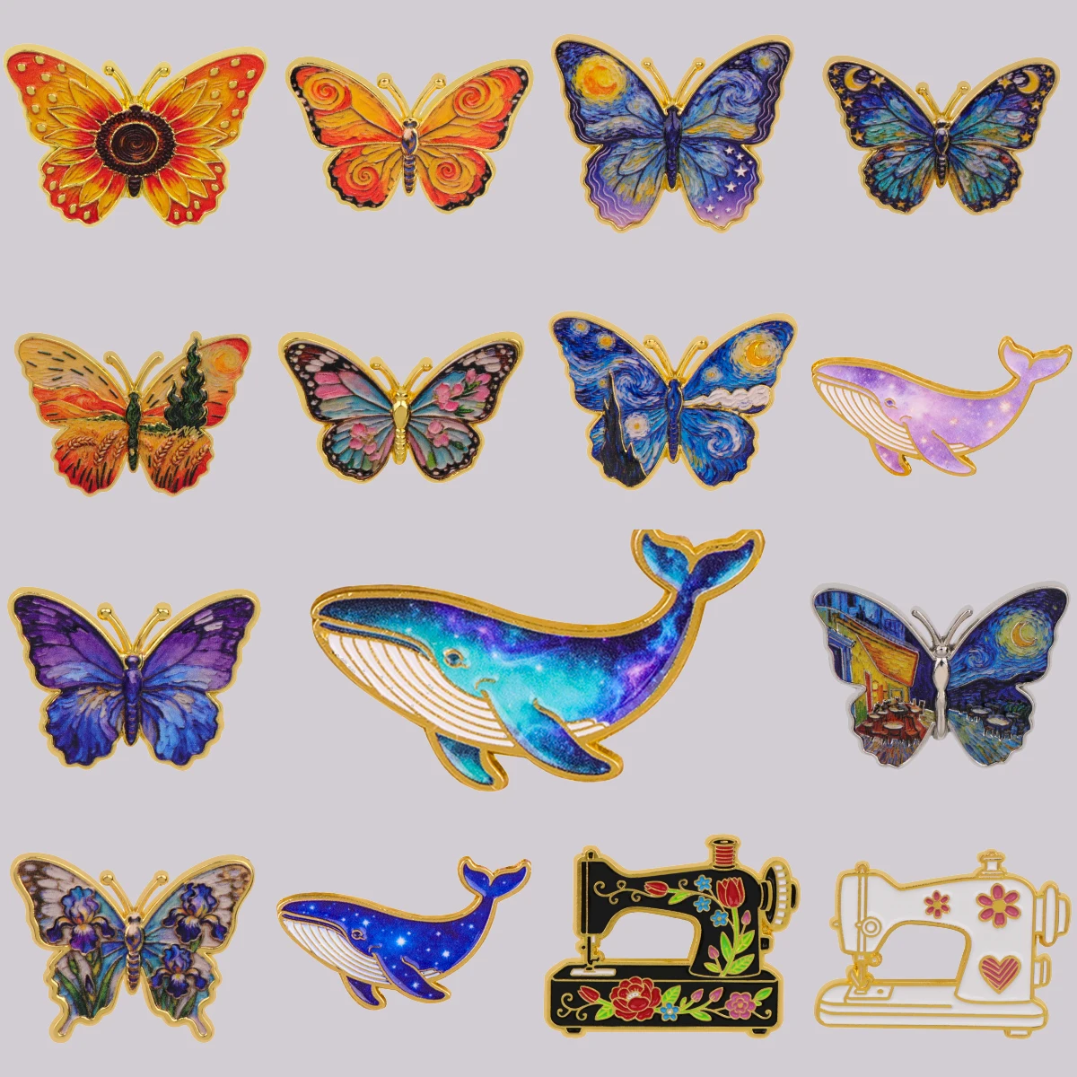 Art Butterfly Enamel Pin Cute Whale Brooch Pines Vintage Sewing Machine Badge Clothing Accessories Fashion Jewelry Friends Gifts