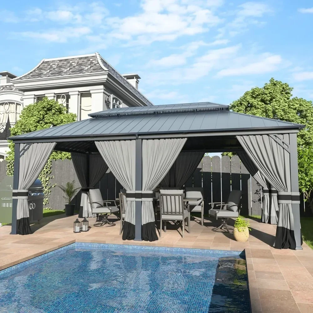 

12' x 20' Hardtop Gazebo,Outdoor Galvanized Steel Metal Double Roof Gazebo with Curtains and Netting for Patios, Gardens