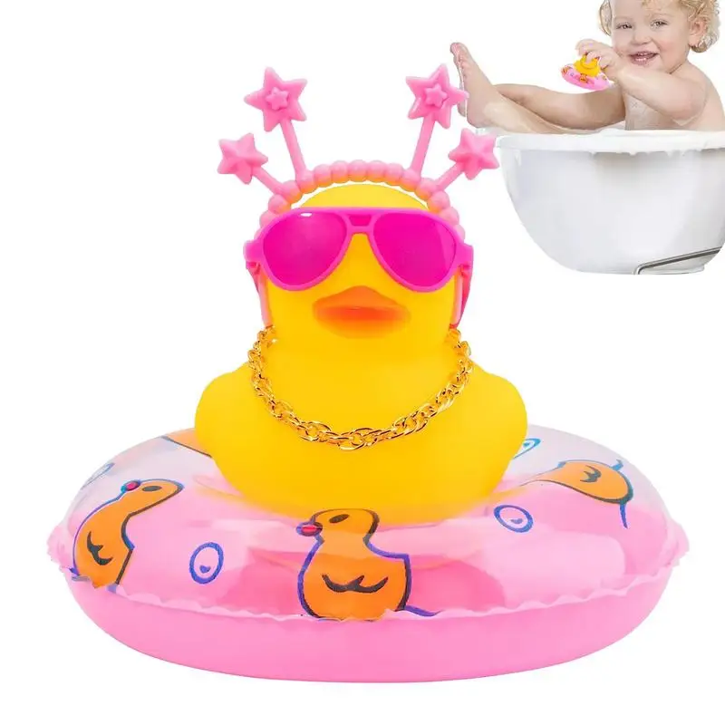 Car Duck Squeak Rubber Duck Toys Dashboard Ornament Cute Car Dashboard Decor With Swim Ring Necklace Sunglasses Headband Car