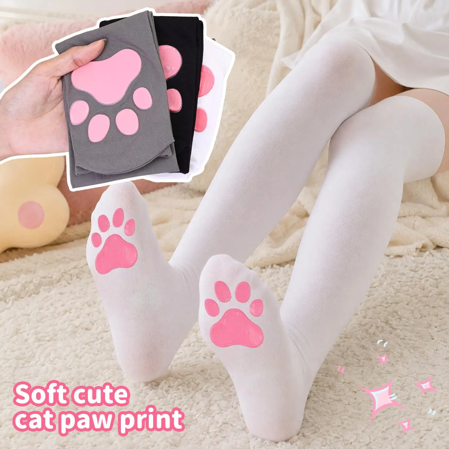3D Cat Paw Over-the-knee Socks Pink Paw Lolita Stockings Women Cosplay 3D Kitten Claw Stockings Kawaii Cat Paws Thigh High Socks
