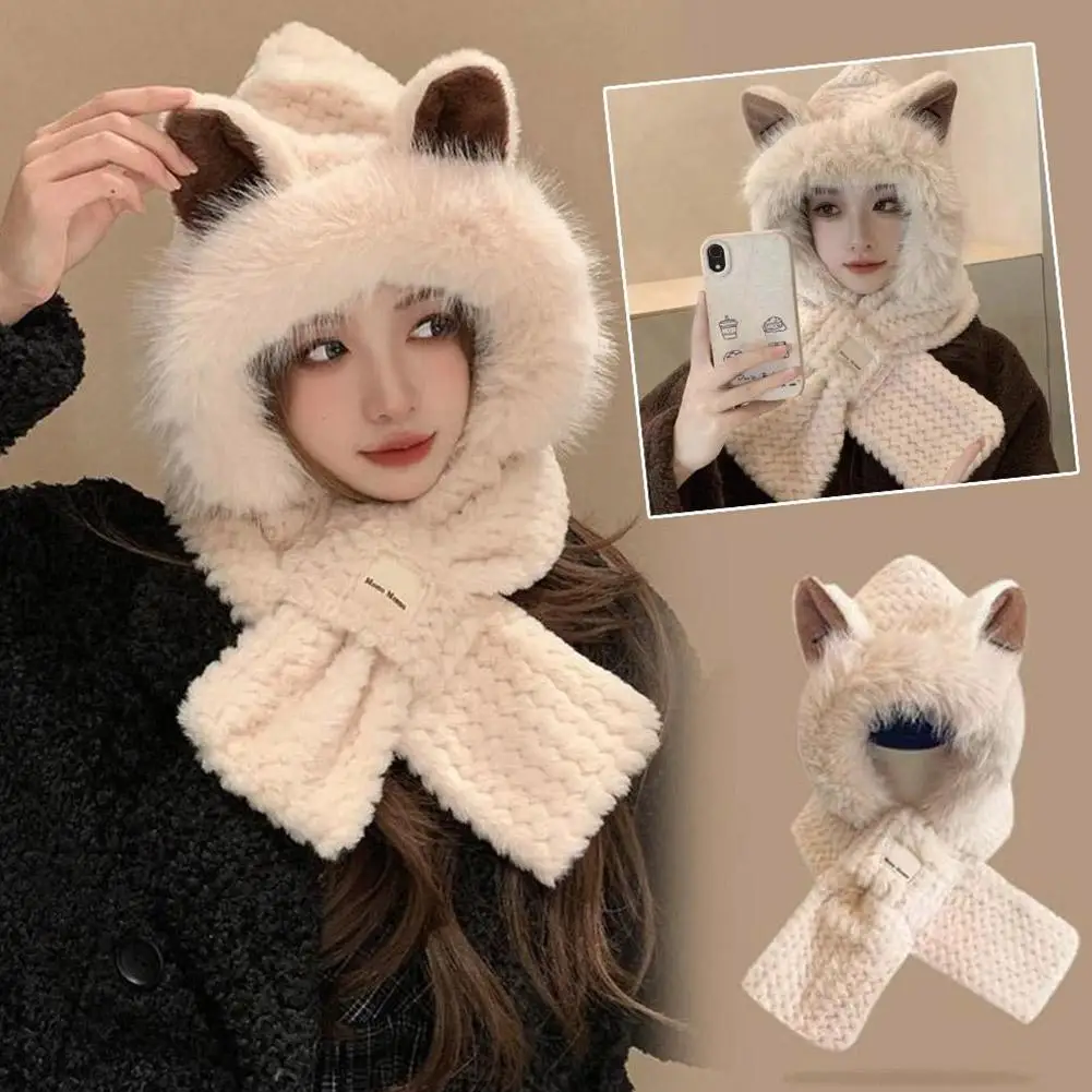 Little Bear Hat Scarf One Piece Thickened Warm Ear Cycling Women's Versatile Winter Hat Cute Warm U0f3