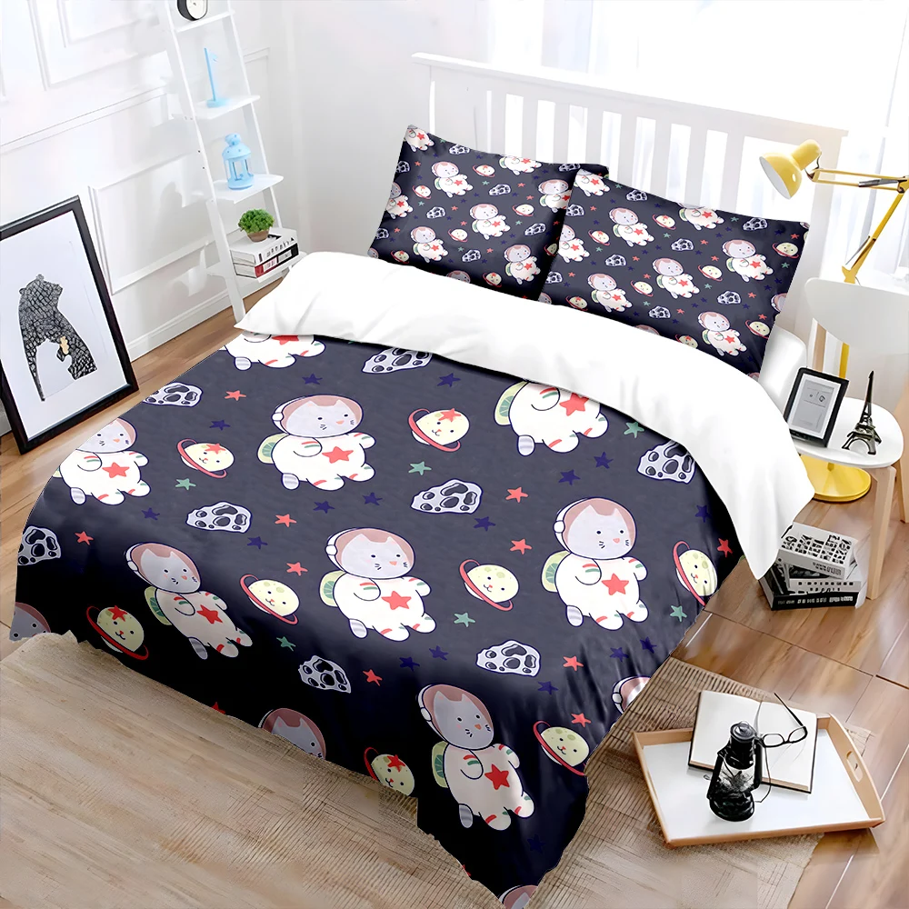 Space-themed cartoon patterns Print Bedding Set 1 Duvet Cover 2 Pillowcases for Adult and Children Luxury Gift Full Size